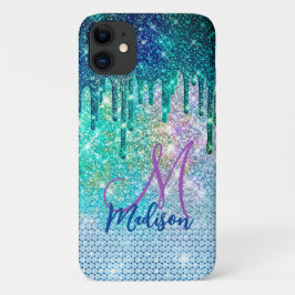 Cute blue iridescent unicorn faux glitter monogram Case-Mate iPhone case