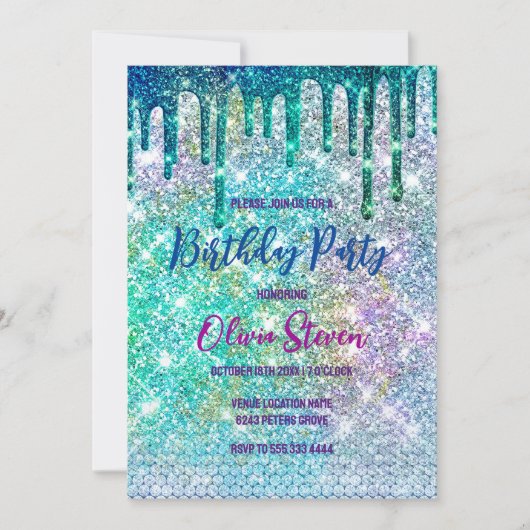 Cute blue iridescent unicorn faux glitter monogram kaart (Voorkant)