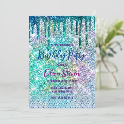 Cute blue iridescent unicorn faux glitter monogram kaart (Staand voorkant)