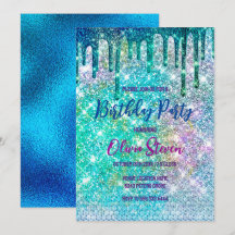 Cute blue iridescent unicorn faux glitter monogram