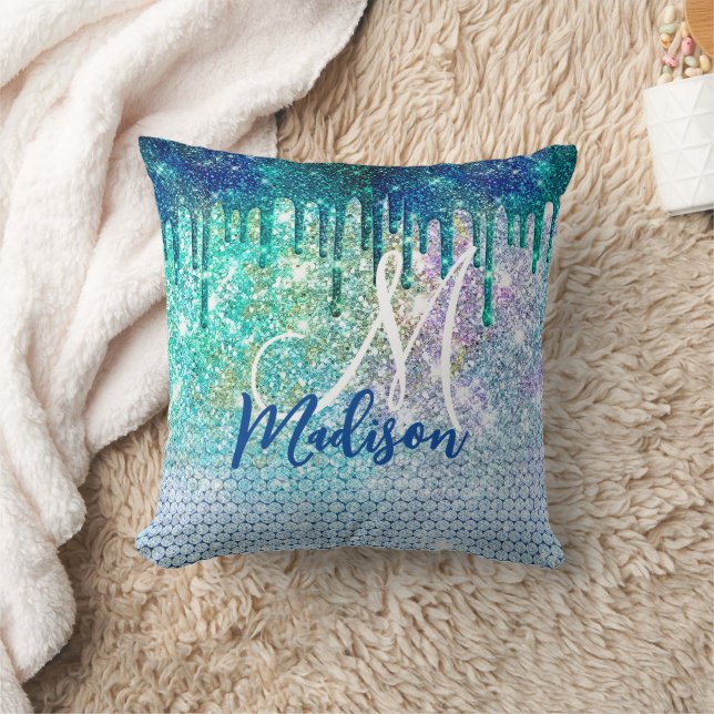 Cute blue iridescent unicorn faux glitter monogram kussen (Deken)