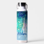 Cute blue iridescent unicorn faux glitter monogram waterfles (Voorkant)