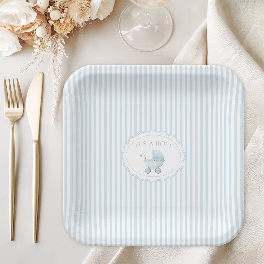 Cute Blue It's a Boy Stroller Baby Shower Papieren Bordje