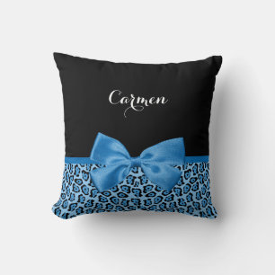 Cute Blue Jaguar Print Bright Blue Ribbon en Name Kussen