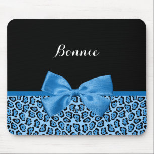 Cute Blue Jaguar Print Bright Blue Ribbon en Name Muismat