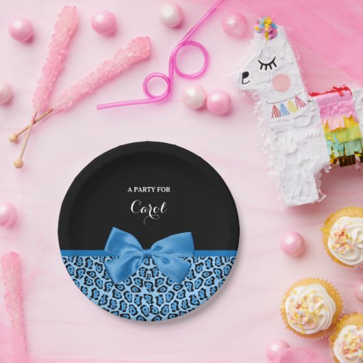 Cute Blue Jaguar Print Bright Blue Ribbon en Name Papieren Bordje (Feest)