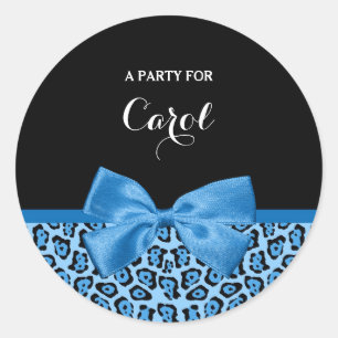 Cute Blue Jaguar Print Bright Blue Ribbon en Name Ronde Sticker