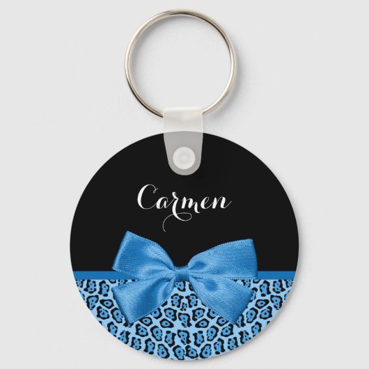 Cute Blue Jaguar Print Bright Blue Ribbon en Name Sleutelhanger (Voorkant)