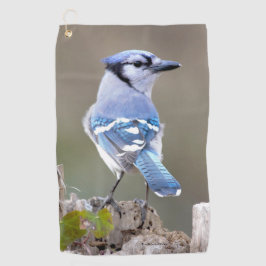 Cute Blue Jay Songbird on Treestump Golfhanddoek