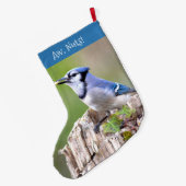 Cute Blue Jay Songbird on Treestump Grote Kerstsok (Achterkant (Hangend))