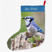 Cute Blue Jay Songbird on Treestump Grote Kerstsok (Achterkant)