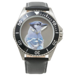 Cute Blue Jay Songbird on Treestump Horloge