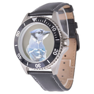 Cute Blue Jay Songbird on Treestump Horloge