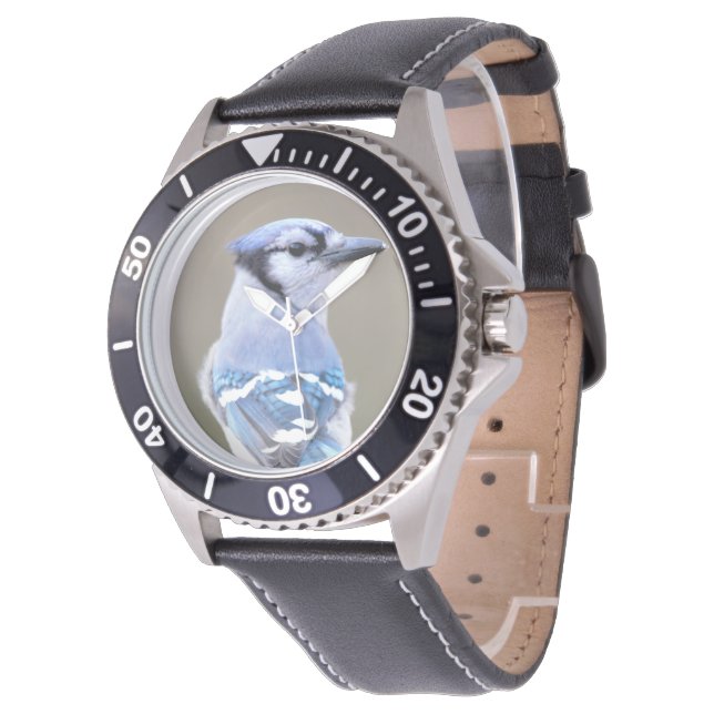 Cute Blue Jay Songbird on Treestump Horloge (Gekanteld)