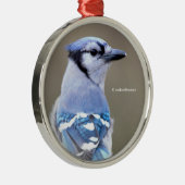 Cute Blue Jay Songbird on Treestump Metalen Ornament (Rechts)