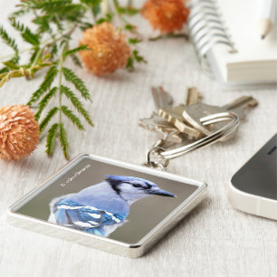 Cute Blue Jay Songbird on Treestump Sleutelhanger