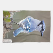 Cute Blue Jay Songbird on Treestump Theedoek (Horizontaal)