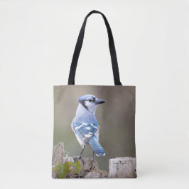 Cute Blue Jay Songbird on Treestump Tote Bag