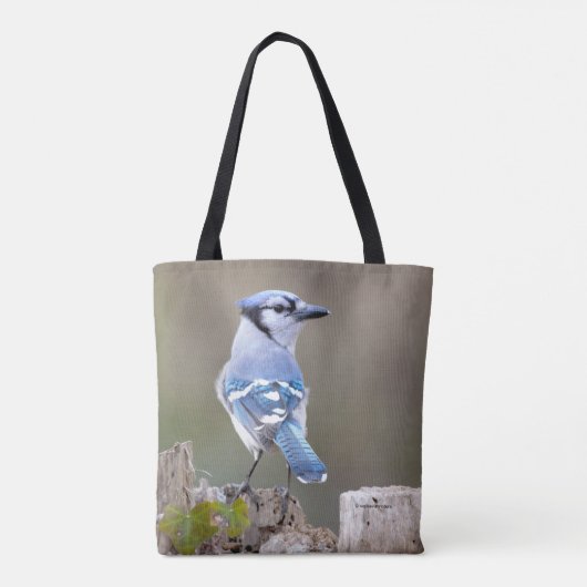 Cute Blue Jay Songbird on Treestump Tote Bag (Achterkant)