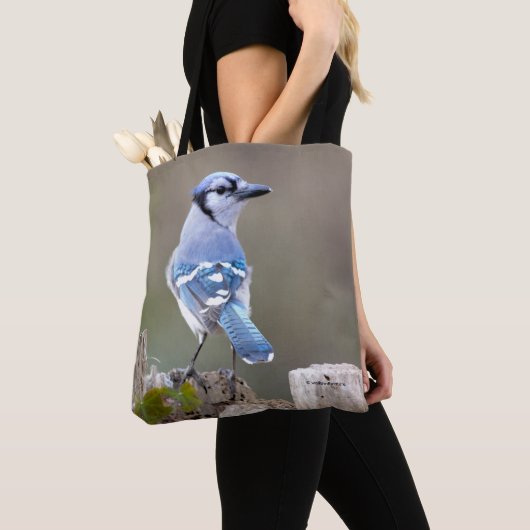 Cute Blue Jay Songbird on Treestump Tote Bag (Dichtbij)