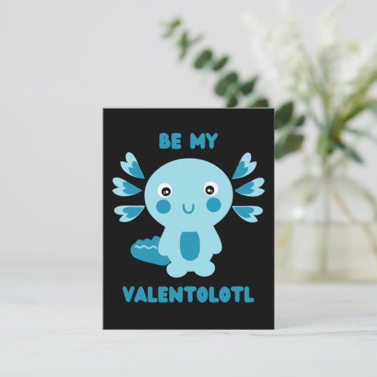 Cute blue kawaii axolotl die vraagt - wees mijn Va Feestdagenkaart (Staand voorkant)