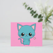 Cute Blue Kawaii Cat Briefkaart (Staand voorkant)