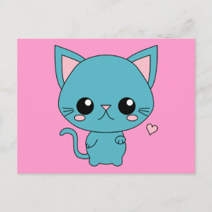 Cute Blue Kawaii Cat Briefkaart