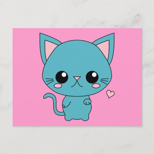 Cute Blue Kawaii Cat Briefkaart (Voorkant)