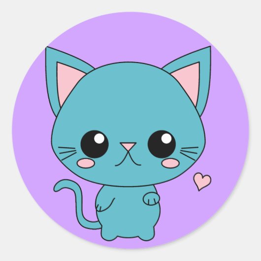 Cute Blue Kawaii Cat Ronde Sticker (Voorkant)