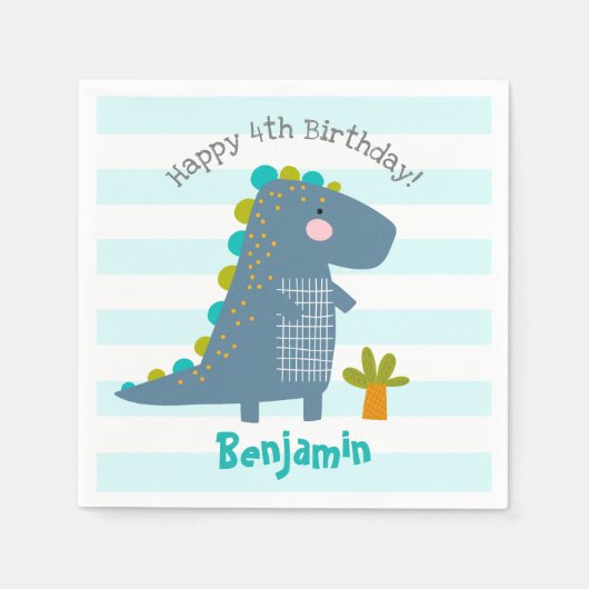 Cute Blue Kawaii Dinosaur Boy Birthday Name Fun Servet (Voorkant)