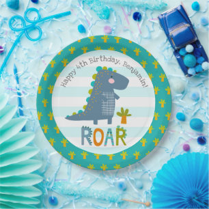Cute Blue Kawaii Dinosaur Roar Boy Birthday Name Papieren Bordje