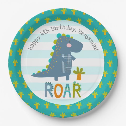 Cute Blue Kawaii Dinosaur Roar Boy Birthday Name Papieren Bordje (Voorkant)
