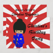 Cute Blue Kawaii Kokeshi Doll Birthday Uitnodiging (Voorkant / Achterkant)