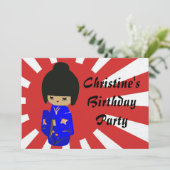 Cute Blue Kawaii Kokeshi Doll Birthday Uitnodiging (Staand voorkant)