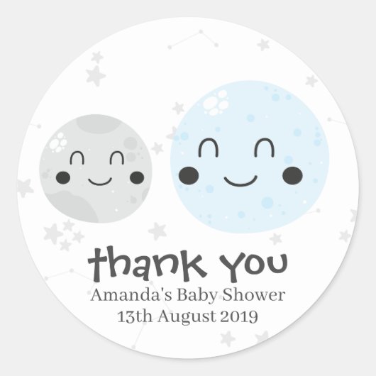 Cute Blue Kawaii Planet and Moons Baby shower Ronde Sticker (Voorkant)