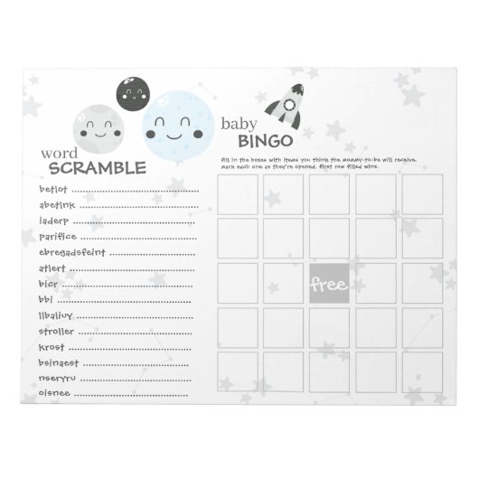 Cute Blue Kawaii Planet & Moons Baby shower Games Notitieblok (Voorkant)