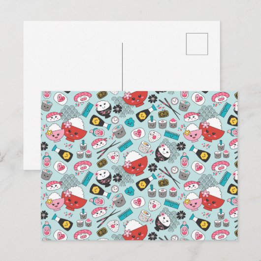Cute Blue Kawaii Sushi Briefkaart (Voorkant / Achterkant)