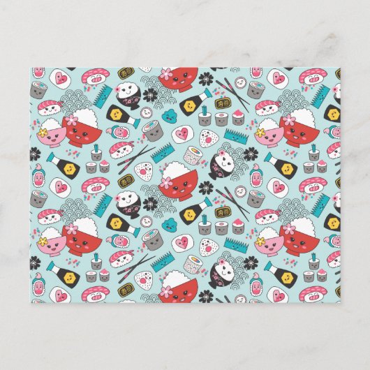 Cute Blue Kawaii Sushi Briefkaart (Voorkant)