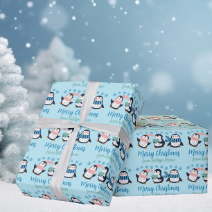 Cute Blue Kerstmis Penguin Snowflake Persoonlijk Cadeaupapier
