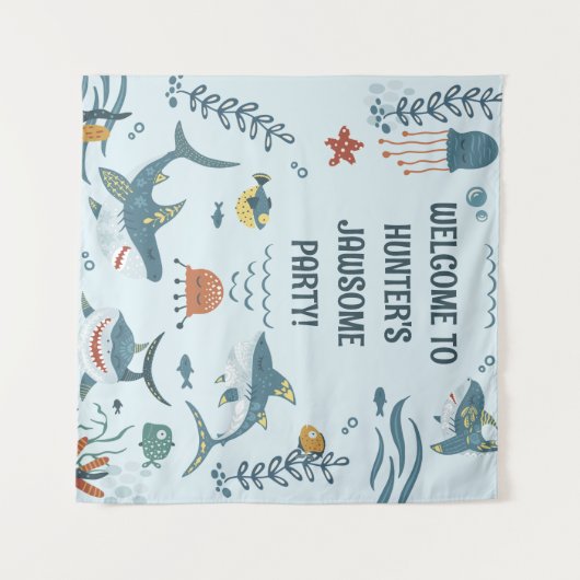 Cute Blue Kind Shark Birthday Welcome Tapestry Wandkleed (Voorkant (horizontaal))