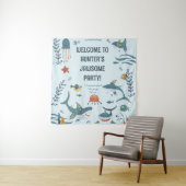 Cute Blue Kind Shark Birthday Welcome Tapestry Wandkleed (In situ)