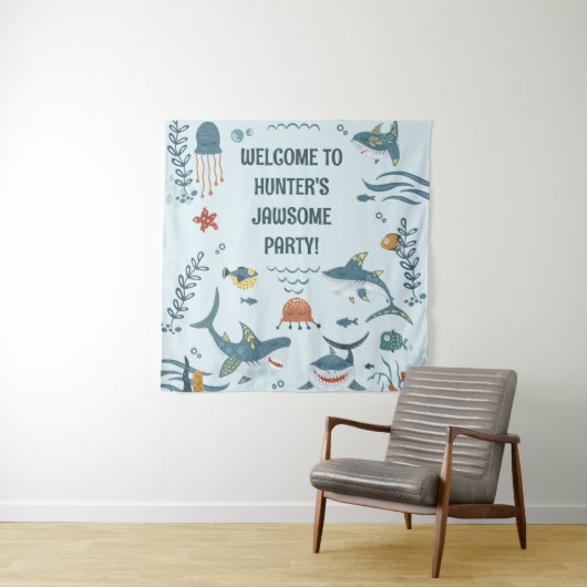 Cute Blue Kind Shark Birthday Welcome Tapestry Wandkleed (In situ)