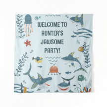 Cute Blue Kind Shark Birthday Welcome Tapestry