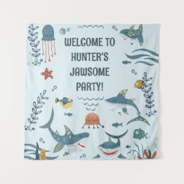 Cute Blue Kind Shark Birthday Welcome Tapestry Wandkleed