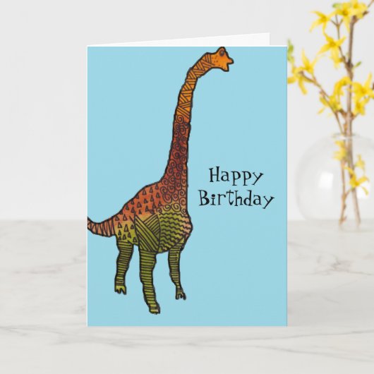 Cute blue kinder brachiosaurus dinosaur art. kaart (Gele Bloem)