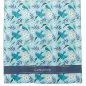 Cute Blue Kingfisher Birds Floral Pattern Name Douchegordijn (Voorkant)