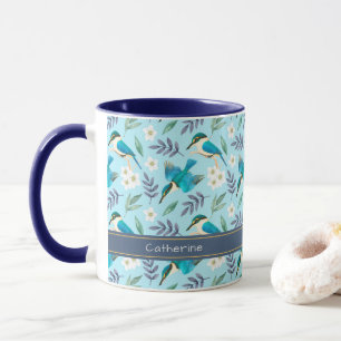 Cute Blue Kingfisher Birds Floral Pattern Name Mok