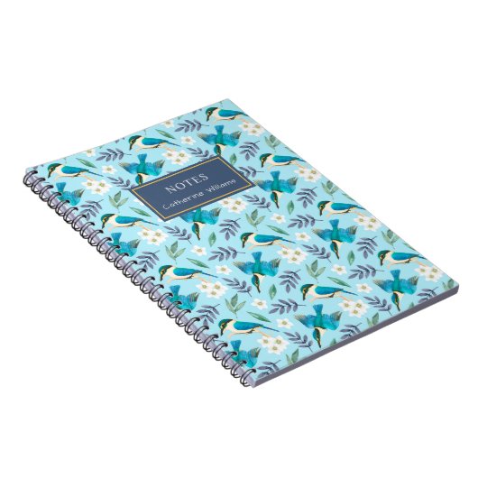 Cute Blue Kingfisher Birds Floral Pattern Name Notitieboek (Rechterzijde)
