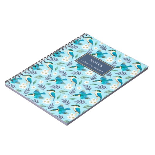 Cute Blue Kingfisher Birds Floral Pattern Name Notitieboek (Linkerzijde)
