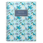 Cute Blue Kingfisher Birds Floral Pattern Name Notitieboek (Voorkant)